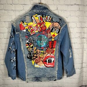 Blue B Collection Graffiti Denim Jacket Womens Medium Custom Hard Rock Cafe Punk
